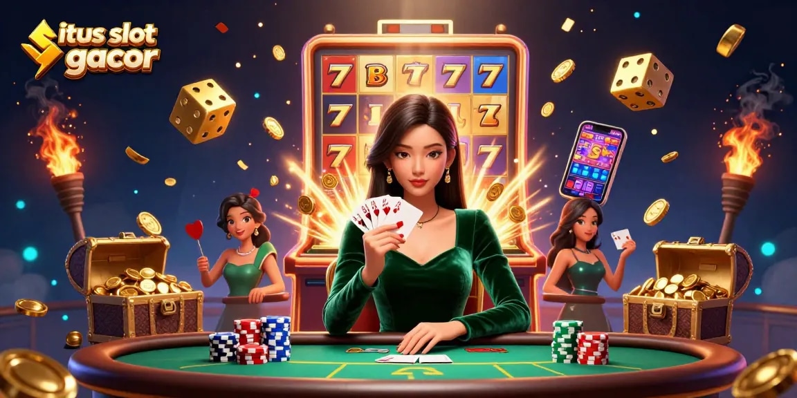 Experience the thrill of situs slot gacor at an exciting poker table surrounded by dynamic casino elements.