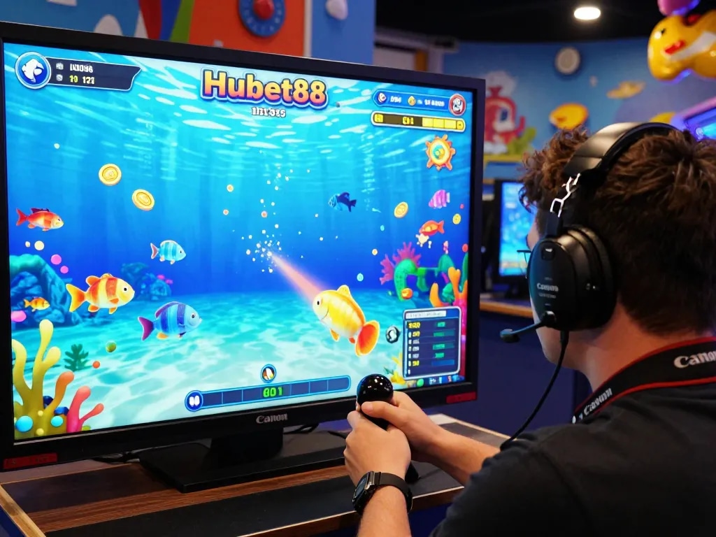 TIN TỨC hubet88 vibrant underwater gaming scene with player engaged in fish shooting game