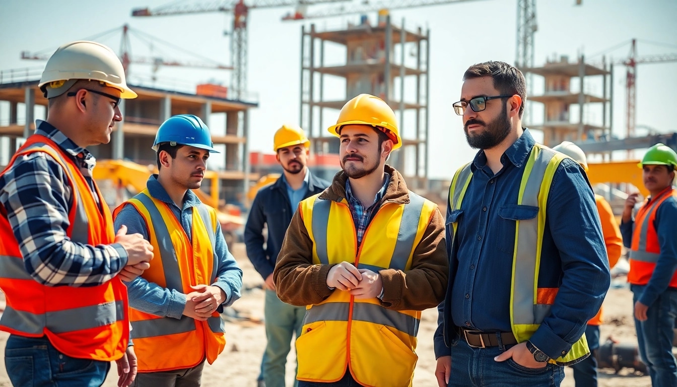 Focused scene of construction workforce development with skilled workers and machinery.