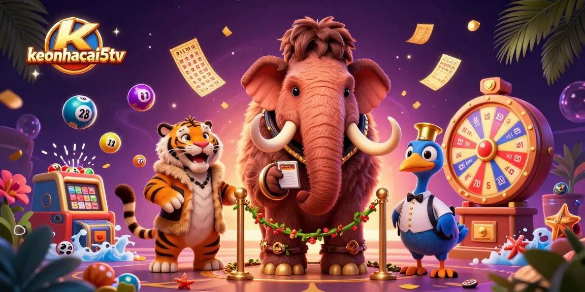 Engage with keonhacai5tv and explore vibrant lottery elements and colorful characters in a casino scene.