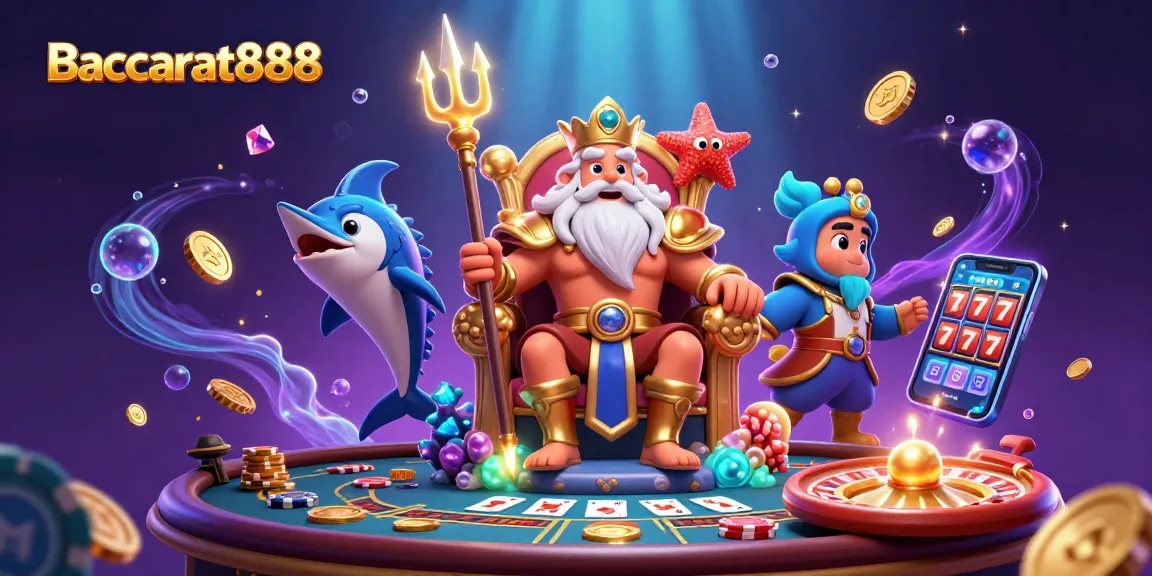 Experience Baccarat888 excitement with Neptune and vibrant casino elements in a magical underwater scene.