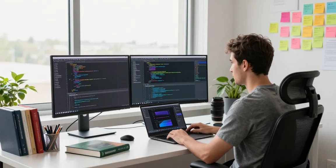 Person coding in a high-tech workspace with multiple screens and bright lighting while using 纸飞机中文版 for efficient communication.