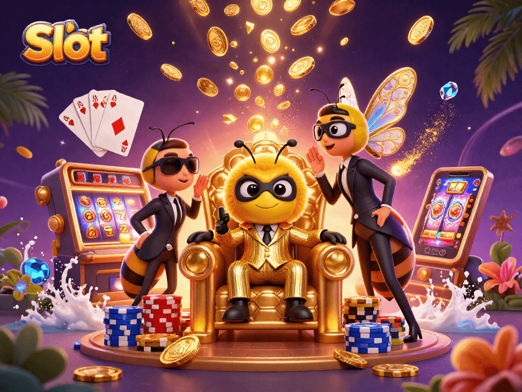 Spin the Slot reels in a vibrant casino scene filled with golden coins and jewels.