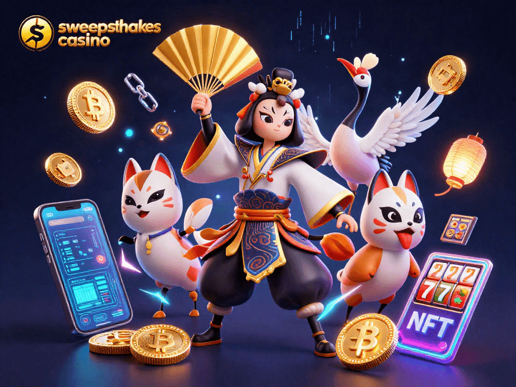 Engage with the vibrant sweepstakes casino scene showcasing a kabuki warrior and elements from prize slots.