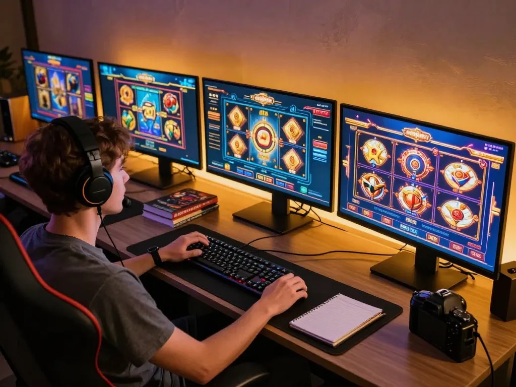 Pemain yang terlibat menikmati permainan slot online di meja permainan mereka, menekankan website resmi.
