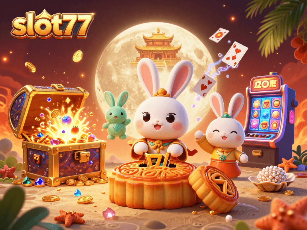 Experience thrilling wins with slot77 in this dynamic casino illustration featuring lucky symbols and moon characters.