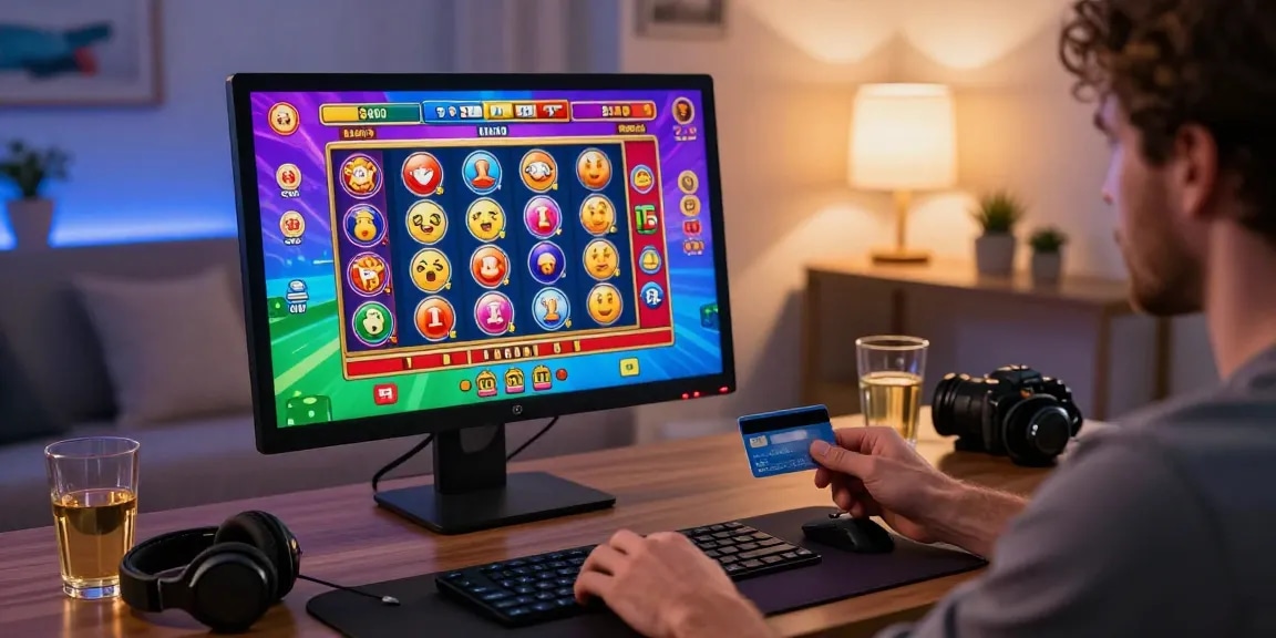 Player at a desktop enjoying games at casinos accepting credit cards, vibrant graphics and card in hand.