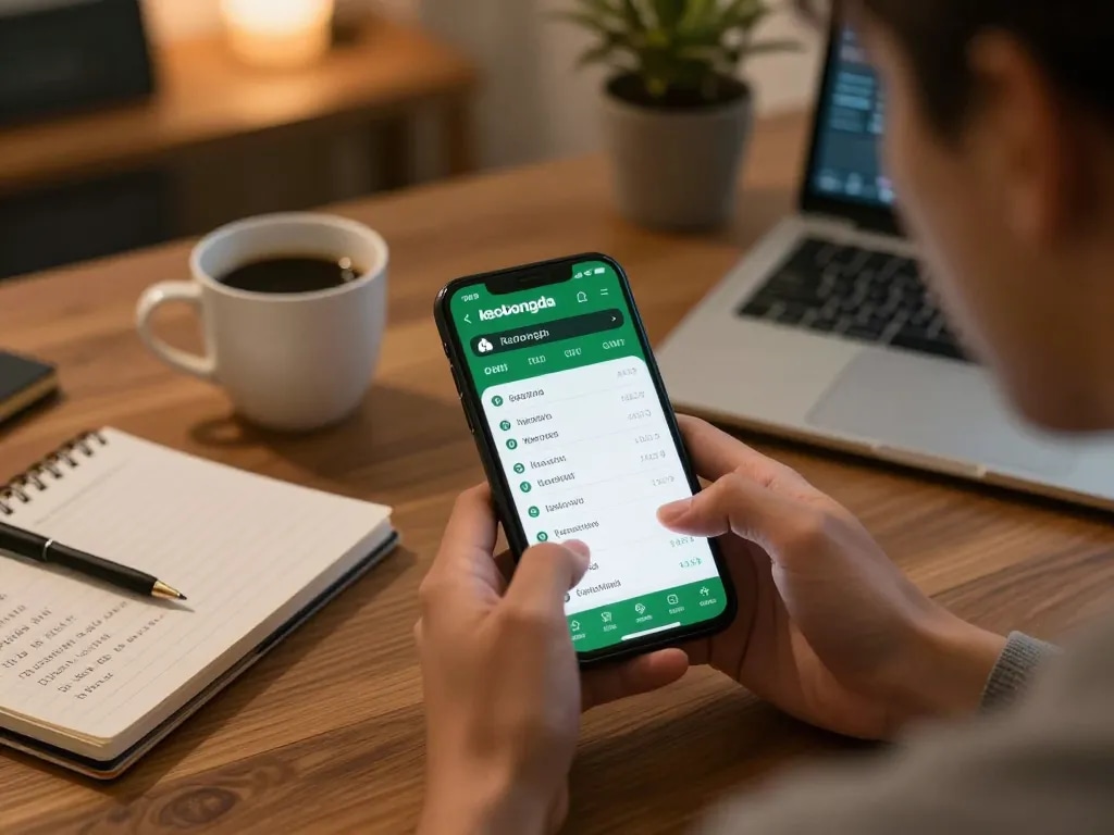 Person engaging with the keobongda sports betting app on smartphone in a cozy home office setup.