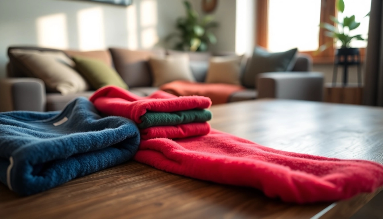 Fleece kleding in verschillende kleuren op een houten tafel in een gezellige woonkamer.