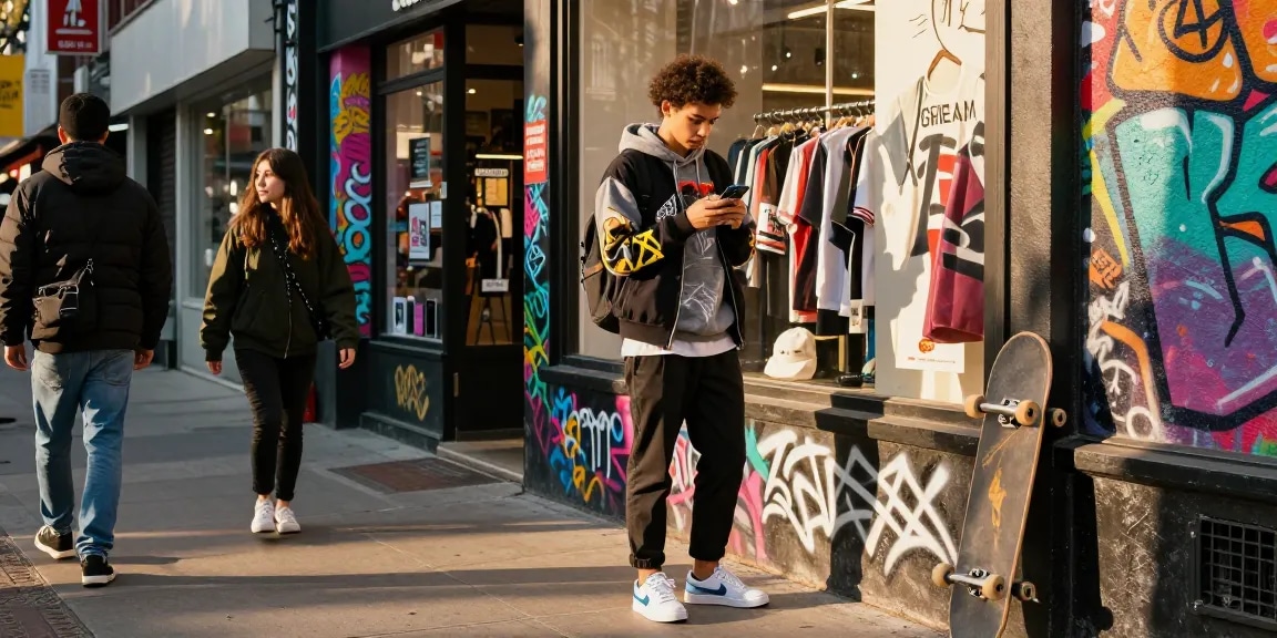Fashion-forward individual engaged with a 레플리카 쇼핑몰 in a vibrant city environment.