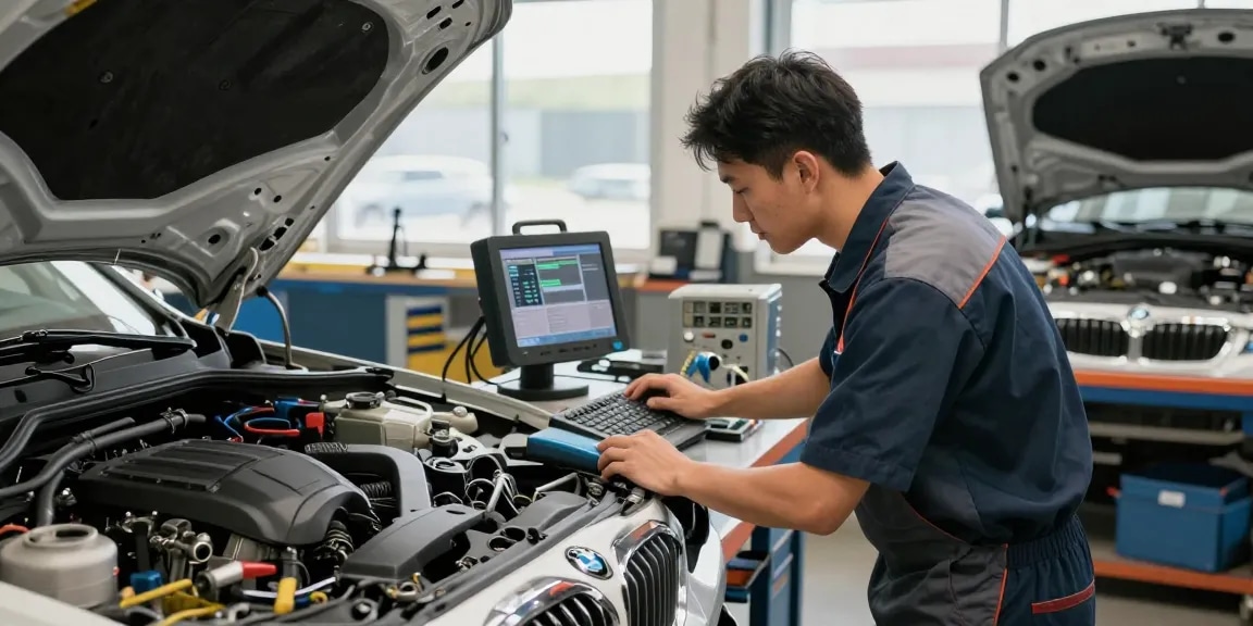 In der BMW Werkstatt Hannover repariert ein Mechaniker ein Fahrzeug mit hochwertigen Werkzeugen.
