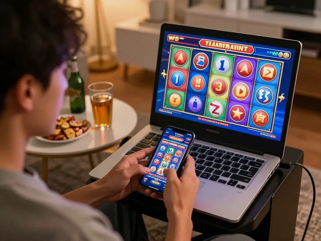 Player spins slot machines on smartphone while managing bankroll in a cozy home
