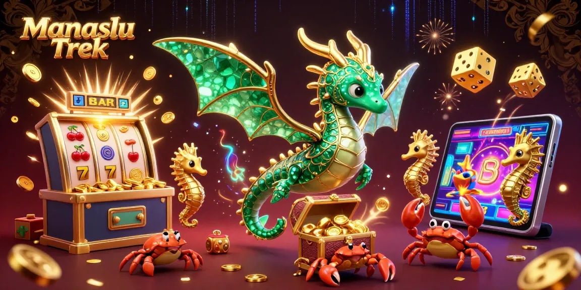 Win big on the Manaslu Trek, featuring a dazzling scene of a mythical sea dragon amidst casino excitement and treasures.