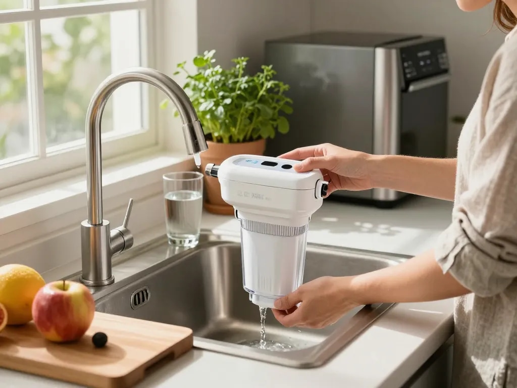 Person installing Waterdrop Plus XWF Replacement for GE® XWF filter in a bright kitchen environment.