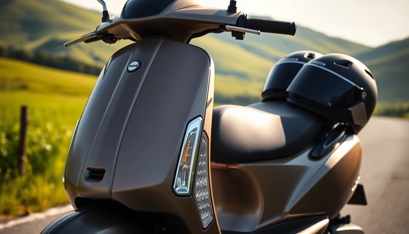 motorroller 50ccm auf einer malerischen Landstraße mit grünem Hintergrund.