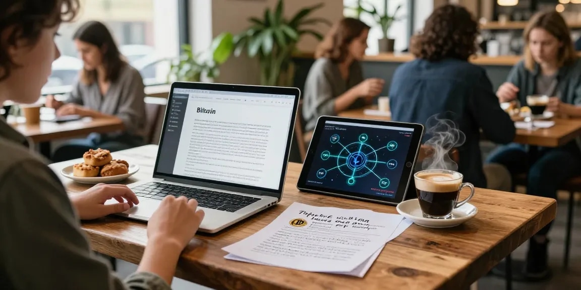 Bitcoin cloud mining study scene with laptop, notes, and coffee in a cozy cafe.