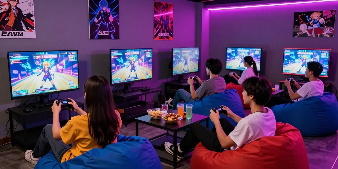 Engaging friends playing an ecchi simulator game in a vibrant gaming lounge