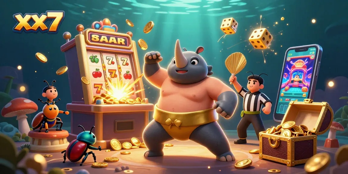 Experience the thrill with xx7 as the sumo beetle stomps, coins and jackpots fly in vibrant casino action.