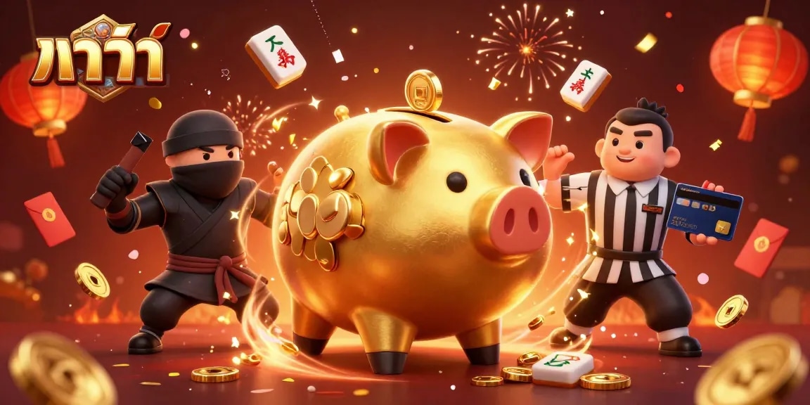 Experience บาคาร่า excitement with thrilling golden piggy bank sumo wrestler and ninja showdown.