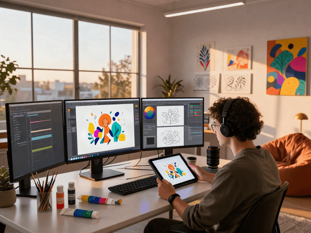 Dynamic digital art studio showcasing an artist working on nsfw ai illustrations with creative elements.
