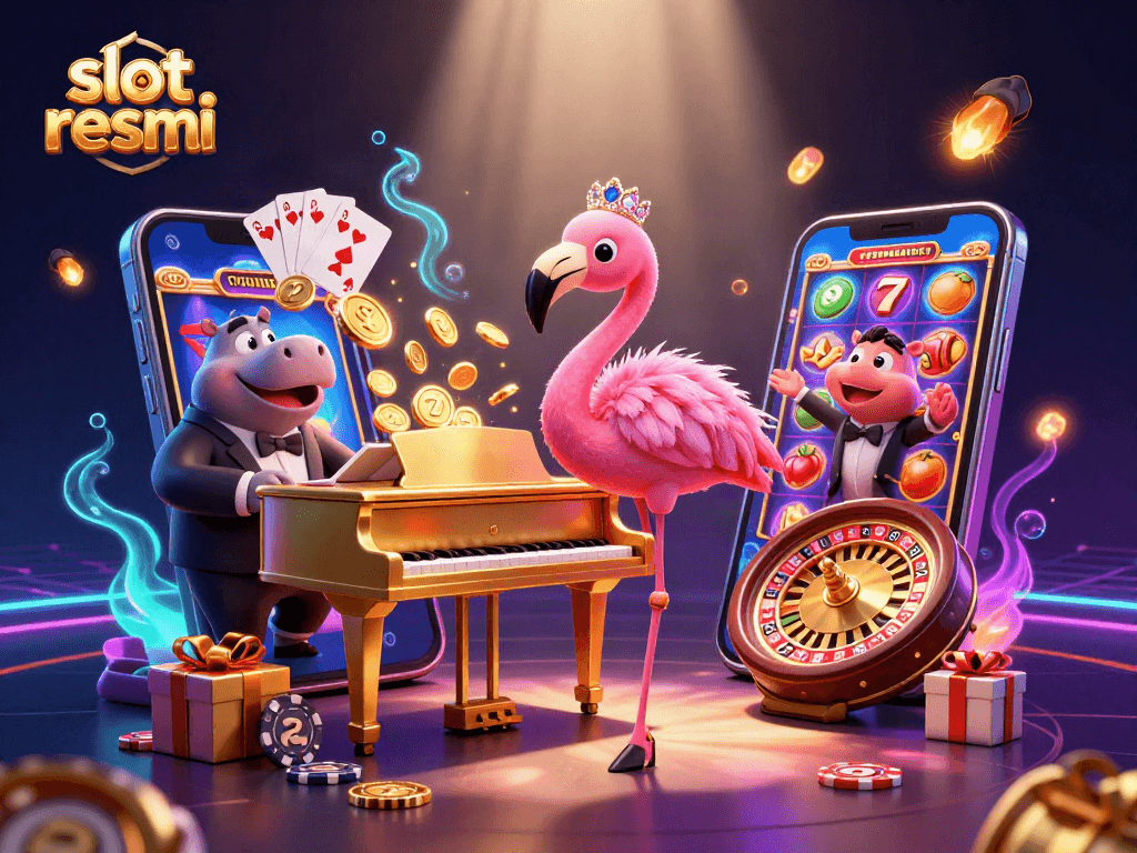 Spin vibrant slot resmi reels surrounded by lively casino characters and exciting game elements.