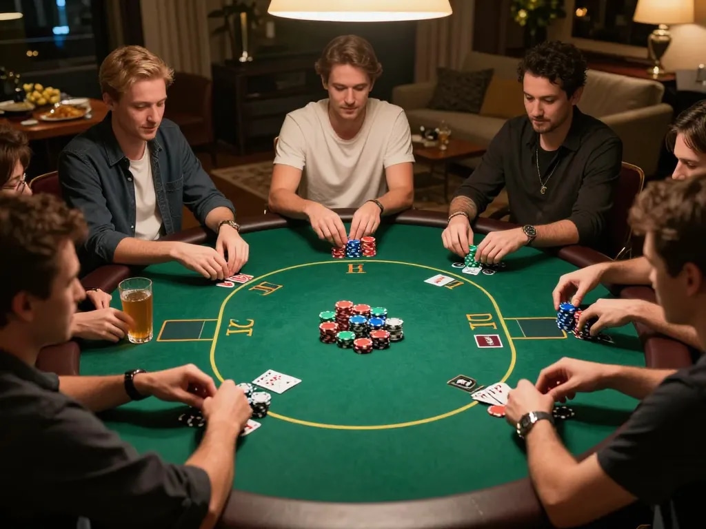 Players strategizing at a poker table during a home game, showcasing the excitement of gambling at keonhacaii88.