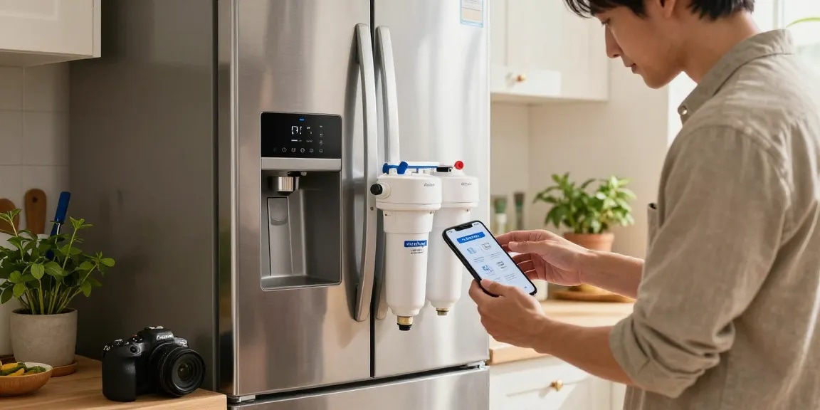 Homeowner installing the Maxblue EDR3RXD1 Replacement for 4396841 water filter in a bright kitchen.