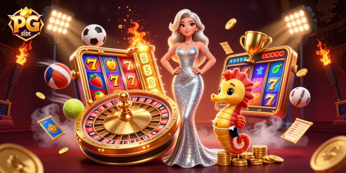 Spin the PG slot reels in a vibrant casino scene with dazzling characters and game elements.