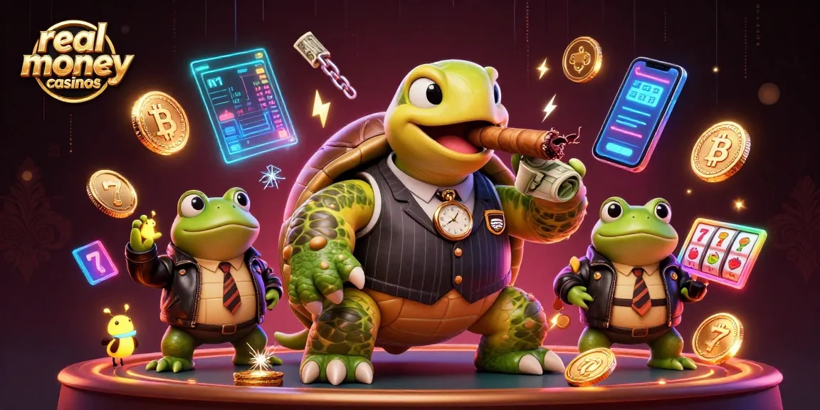 Engage with real money casinos as a cartoon turtle mobster lights up the scene.
