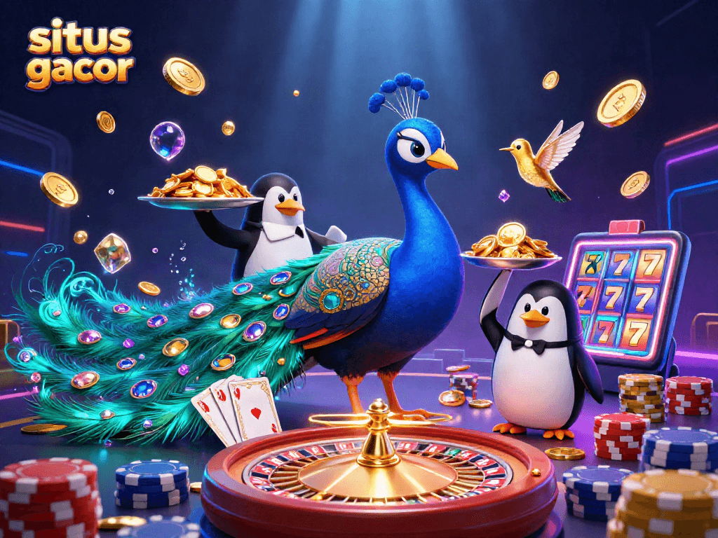 Experience luck with situs gacor as cascading coins, vibrant peacock characters, and dynamic gaming action come alive.