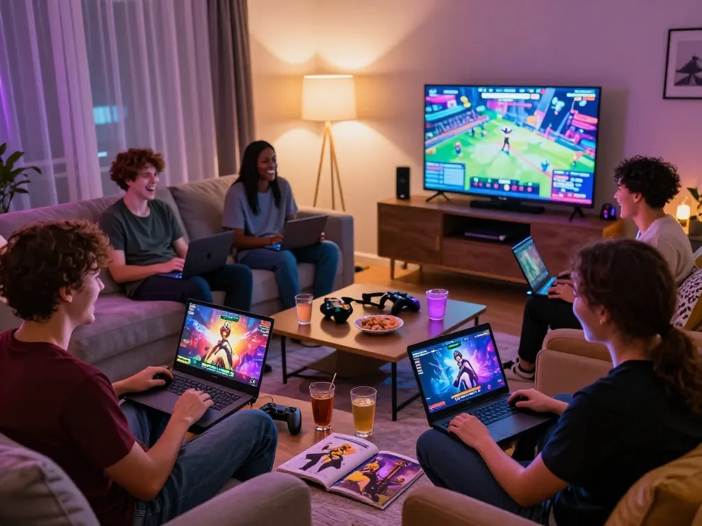 Friends enjoying diverse porn games online in a lively living room scene.