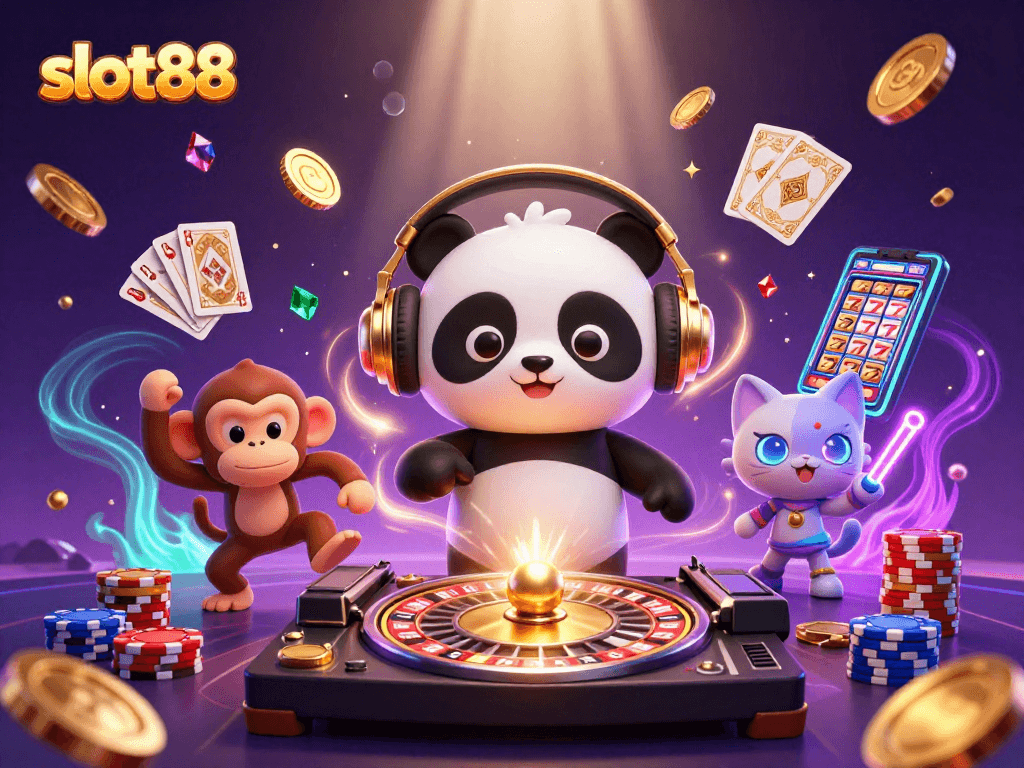 Melihat slot88 saat DJ panda 3D beraksi dengan koin emas melayang di sekitarnya.