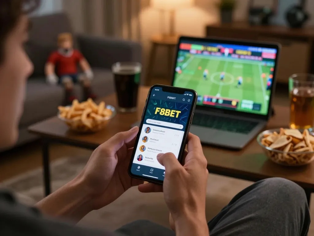 Engaged user placing bets on F8BET mobile app during a live sports game.