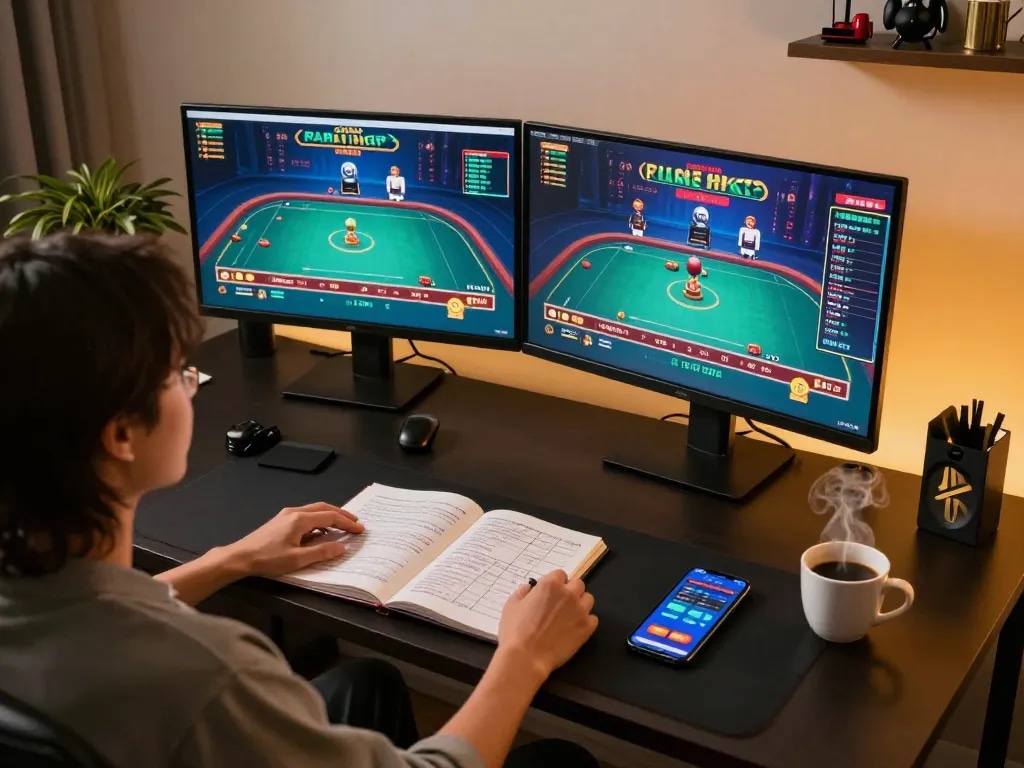 Strategisches Online-Gaming mit Immobilienmakler Frankfurt Sachsenhausen auf dem Bildschirm, das einen fokussierten Lebensstil zeigt.