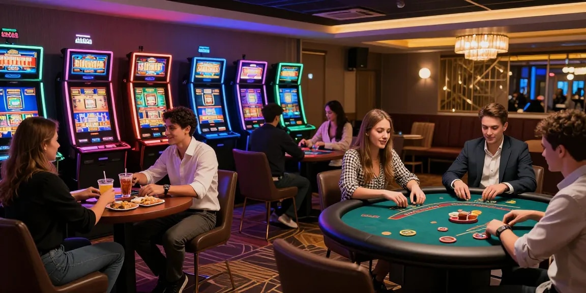Scène de jeu de casino en ligne avec des amis profitant des machines à sous et du poker, atmosphère vibrante.