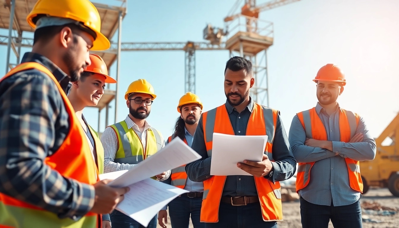 Visualize construction labor compliance with diverse workers checking documents on a busy site.