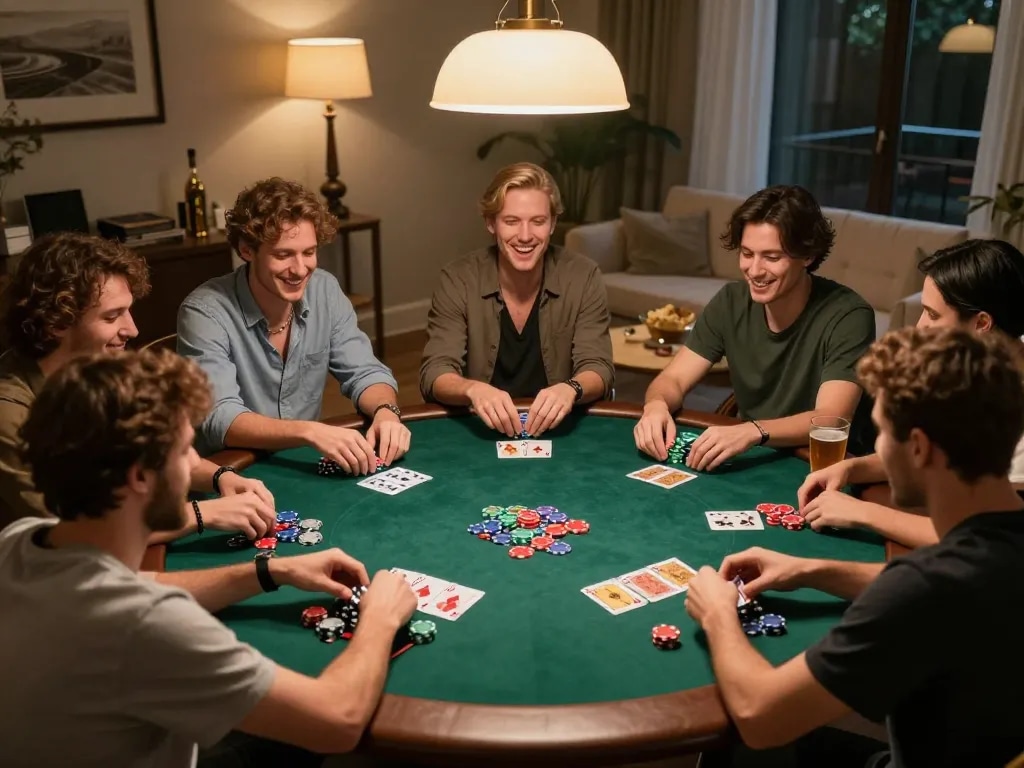 Friends playing poker at home with chips and cards visible, showcasing festive atmosphere at TG88 gaming.