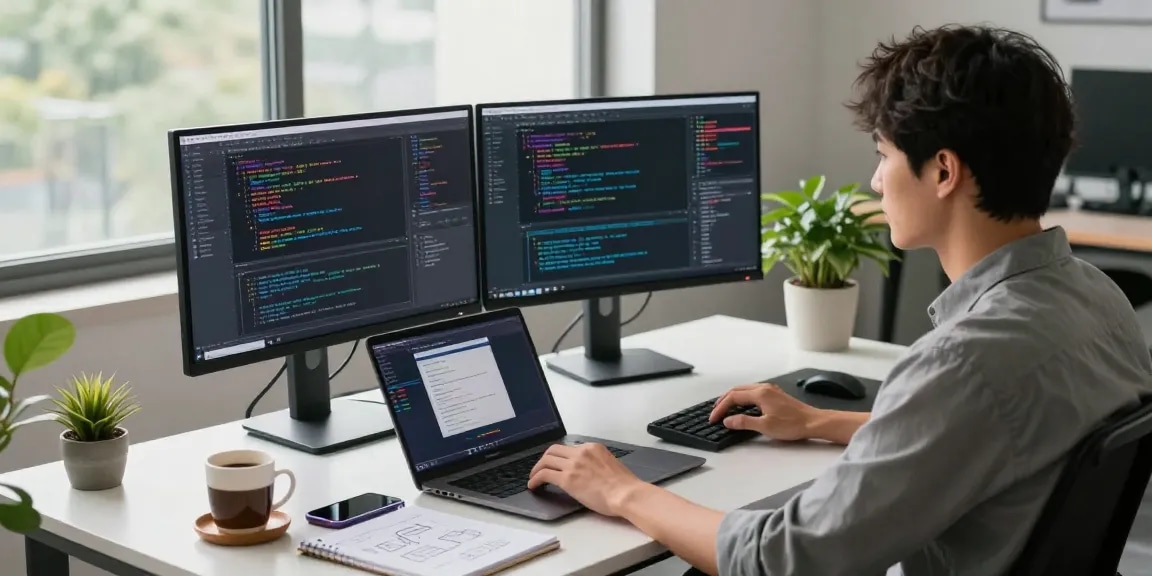 Workspace of a software developer coding on dual monitors, featuring 纸飞机中文版 design tools and project updates in a modern office.