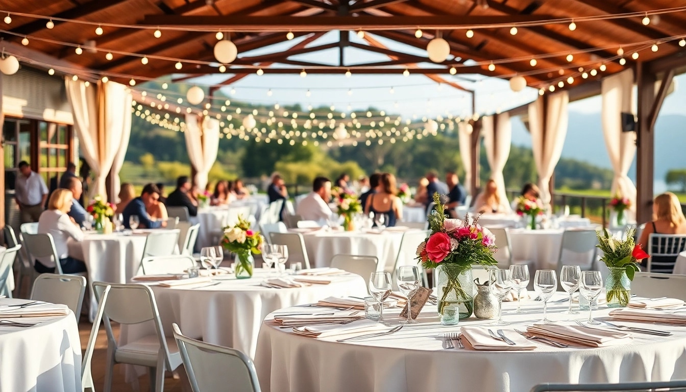 Elegant Table Rentals setup at an outdoor event with stunning decor and warm ambiance.