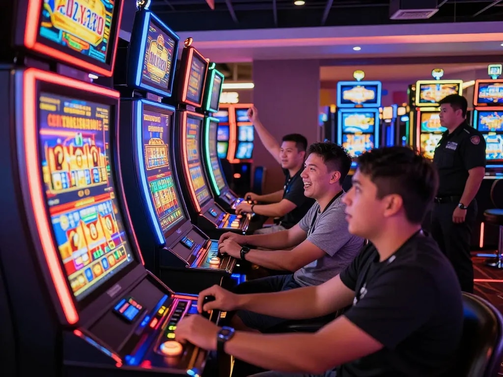 Players enjoying thrilling slot machine games in a vibrant casino atmosphere.