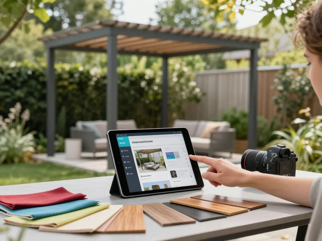 Erleben Sie den 3D Pergola Konfigurator Schweiz mit live Anpassungsmöglichkeiten und Designoptionen in einer wunderschönen Außenszenerie.