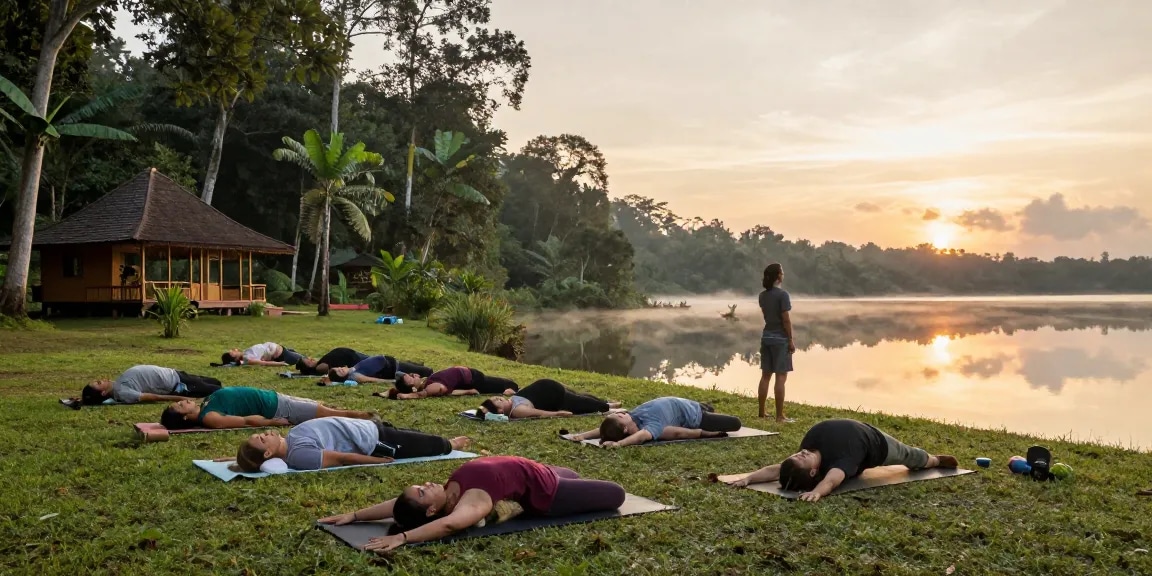 200 hour yoga teacher training sri lanka group practicing yoga at sunrise by Koggala Lake