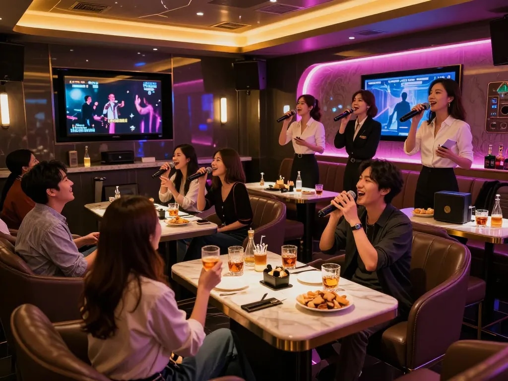 Guests enjoying premium karaoke experience at www.gangnamtune.com with luxurious ambiance and vibrant nightlife.