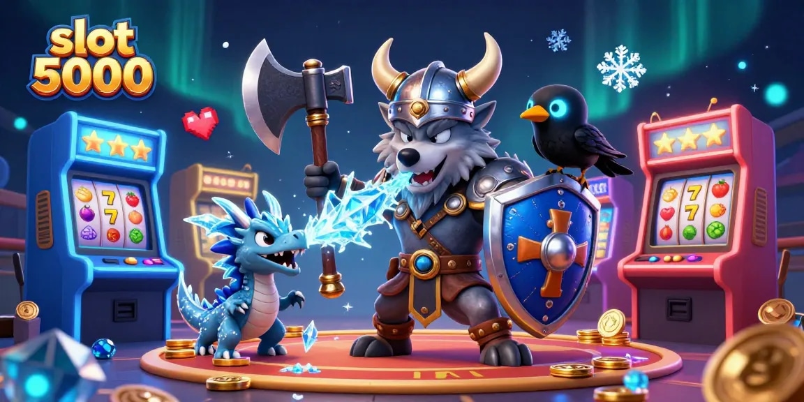 Engage with slot 5000 featuring a Viking warrior, fierce dragon, and a glowing raven amidst a vibrant casino atmosphere.