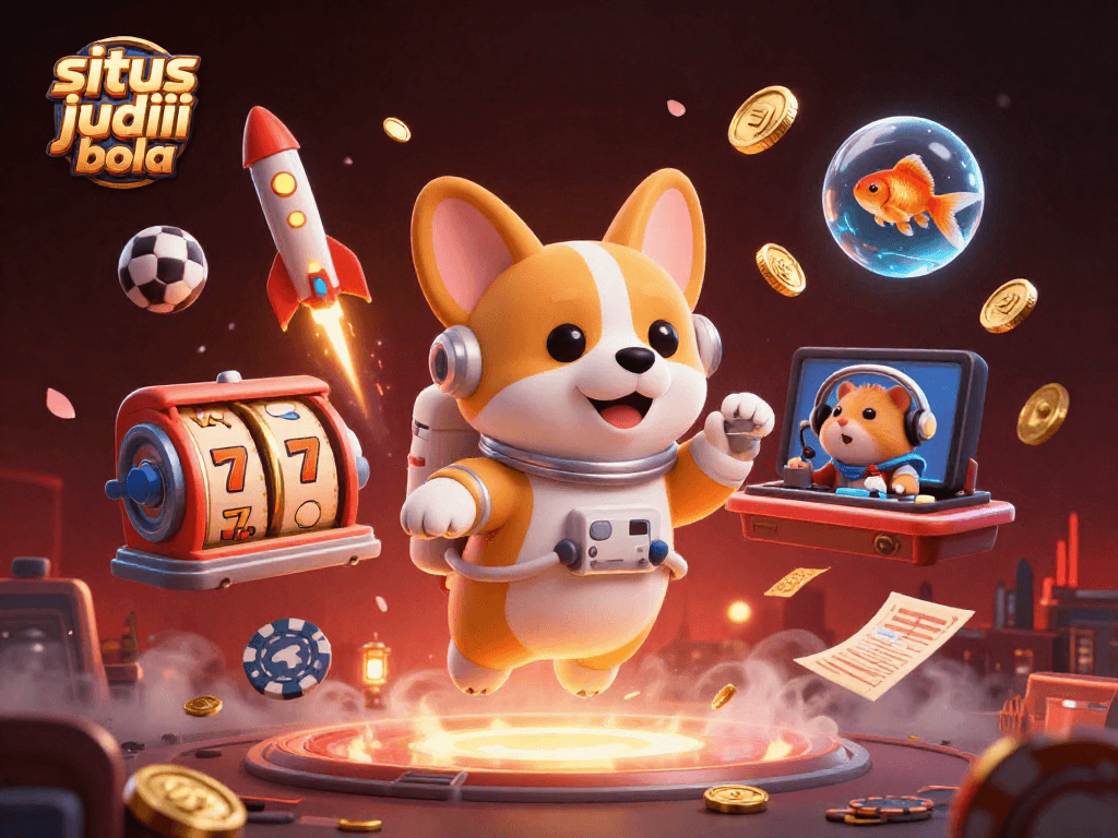 Bet on situs judi bola with fun 3D characters, slot reels, and festive decorations in a dynamic casino scene.