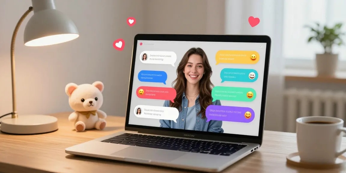 Engaging AI girlfriend interaction on a laptop with vibrant chat bubbles.