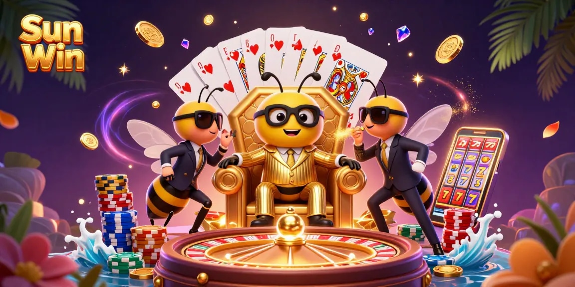 Engage with Sun Win's vibrant casino scene featuring golden coins, a roulette wheel, and a bumblebee boss.