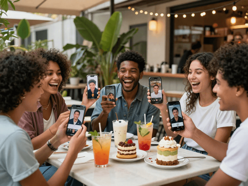 Friends enjoying a celebrity look alike app at an outdoor café, comparing their matches.