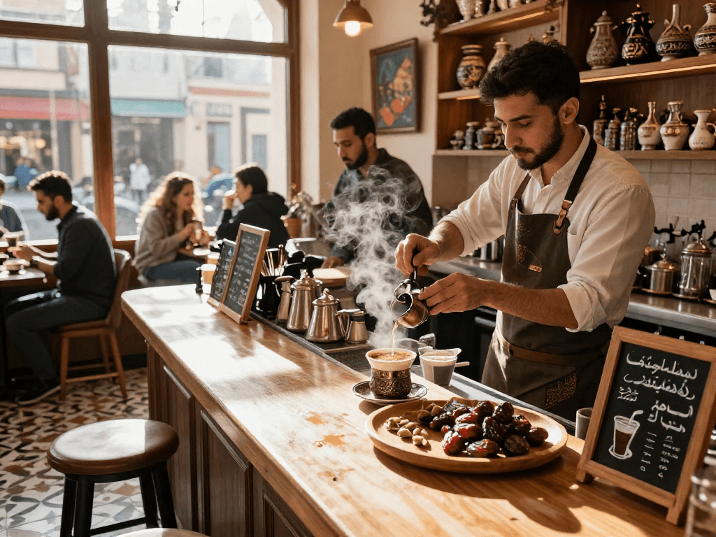 قهوجيين يعدون القهوة العربية في مقهى دافئ وجذاب.
