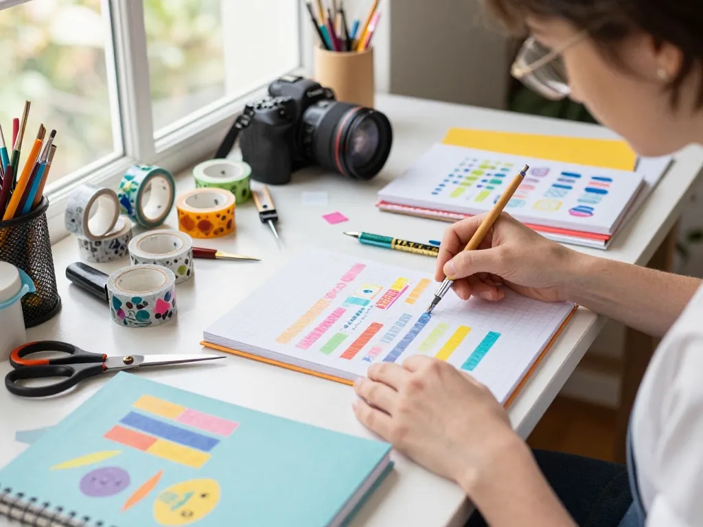 Artist using vibrant washi tape in a creative studio, showcasing colorful designs on journals.